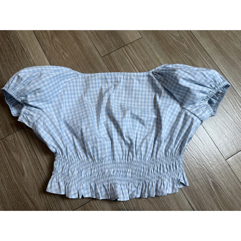 NWOT LPA Brigette Blue Gingham Ruched Puff Sleeve Crop Top Size S - Picture 5 of 6